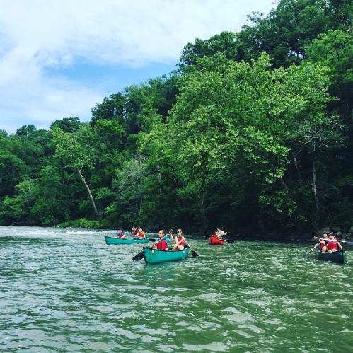 A group of people in canoes paddling on a river surrounded by lush green trees and a cloudy sky.