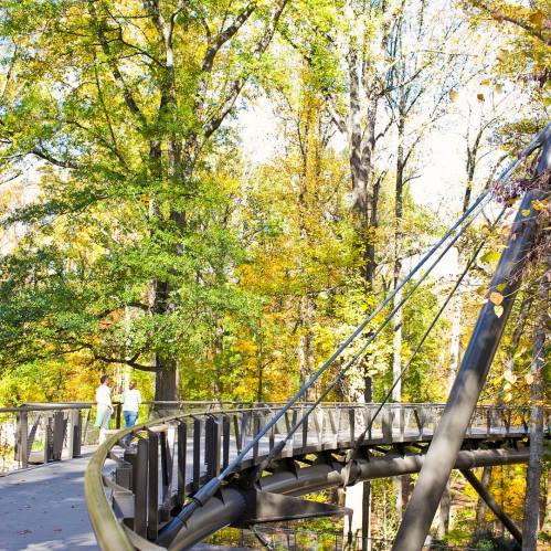 A winding bridge in a vibrant autumn forest with colorful leaves and two people walking in the distance.