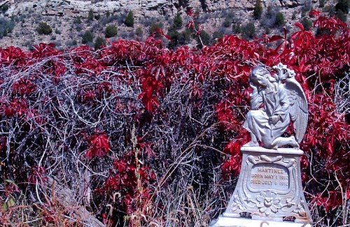 A white angel statue on a grave surrounded by vibrant red foliage and rocky terrain in the background.