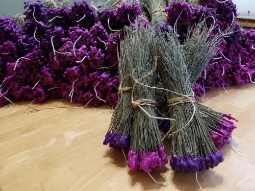 Bunches of dried flowers with purple blooms tied with twine, arranged on a wooden surface.