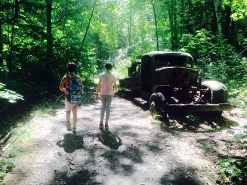 Two children walk along a forest path beside an old, abandoned truck surrounded by lush greenery.