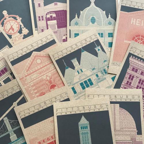 A collection of illustrated postcards featuring iconic Pittsburgh buildings in various colors and styles.