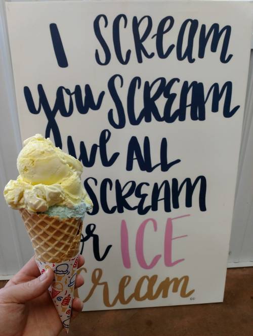 A hand holds a colorful ice cream cone in front of a sign that reads, "I scream, you scream, we all scream for ice cream."