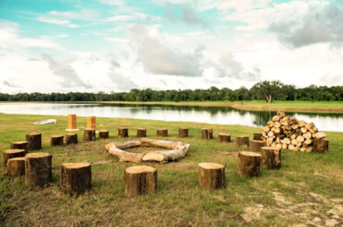 A circular arrangement of log seats around a fire pit by a calm lake, with stacked logs nearby and a cloudy sky.