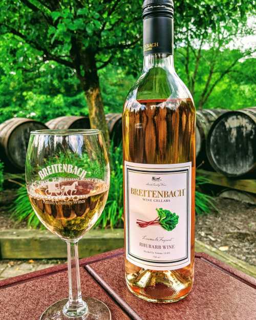 A bottle of Breitenbach Rhubarb Wine next to a glass filled with wine, set against a backdrop of wine barrels and greenery.