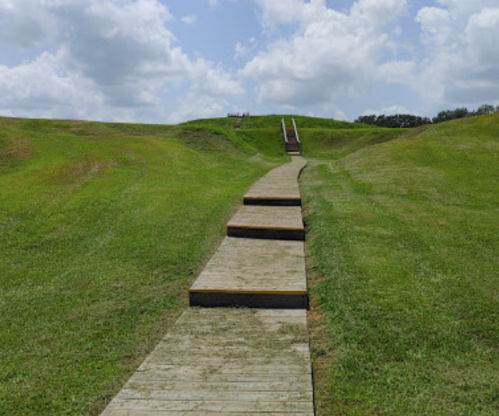 A wooden pathway leads up a grassy hill under a blue sky with fluffy clouds.
