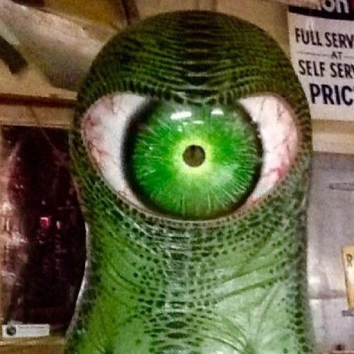 A close-up of a green, reptilian creature with a large, bright green eye and textured skin.
