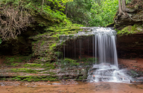 A serene waterfall cascades over moss-covered rocks, surrounded by lush green foliage in a tranquil forest setting.