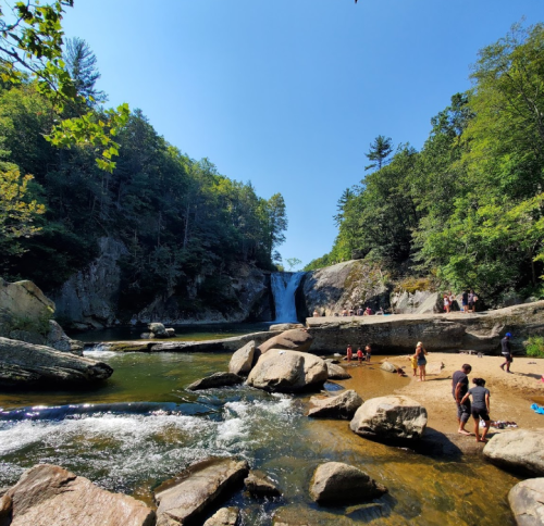 A scenic waterfall surrounded by lush trees, with people enjoying the sandy area and water below under a clear blue sky.