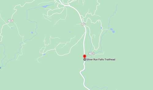 Map showing the location of Silver Run Falls Trailhead, marked with a red pin on a green background.