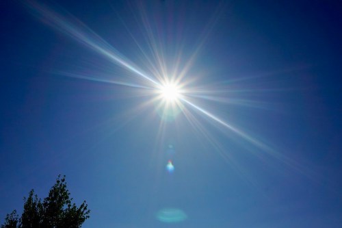 Bright sun shining in a clear blue sky, with rays radiating outward and a hint of tree silhouettes at the bottom.