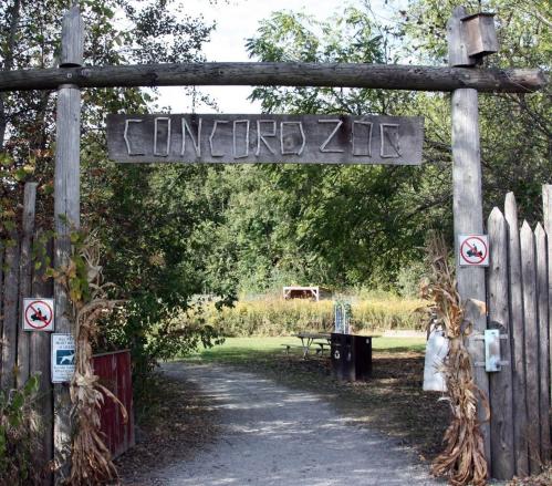 Entrance to Concord Zoo, featuring a wooden sign and a pathway surrounded by trees and greenery.
