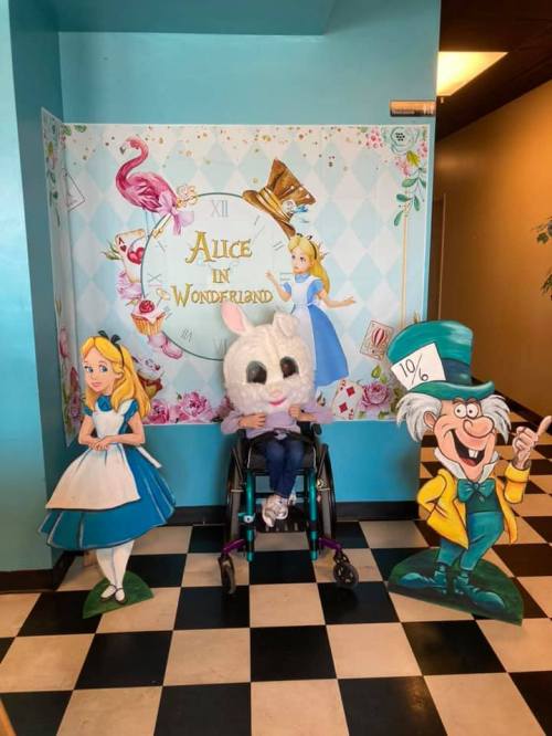 A person in a bunny costume sits in a wheelchair between cutouts of Alice and the Mad Hatter in a colorful setting.