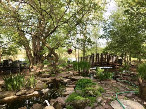 A serene garden scene featuring a wooden bridge over a pond, surrounded by lush greenery and stone pathways.