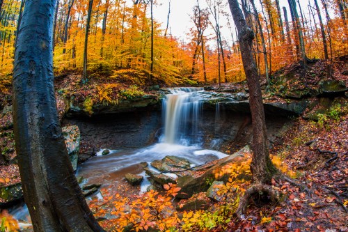 A serene waterfall cascades through vibrant autumn foliage in a tranquil forest setting.