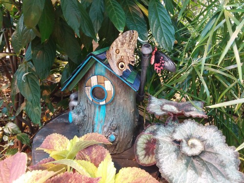 A whimsical birdhouse surrounded by lush greenery and colorful plants, with butterflies perched on top.