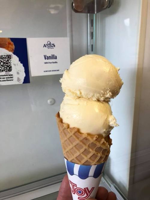 A hand holding a waffle cone with two scoops of vanilla ice cream against a display background.