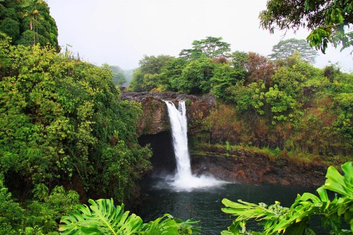 A stunning waterfall cascades into a lush, green valley surrounded by tropical foliage.