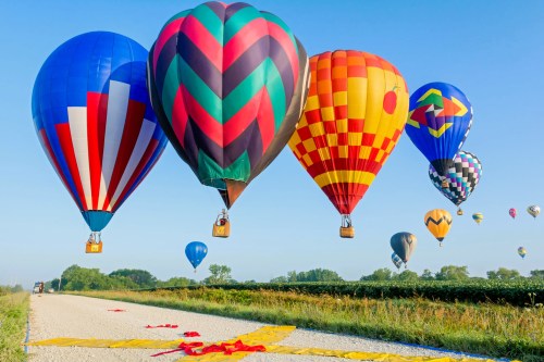 A colorful array of hot air balloons floating above a grassy field on a clear blue sky day.