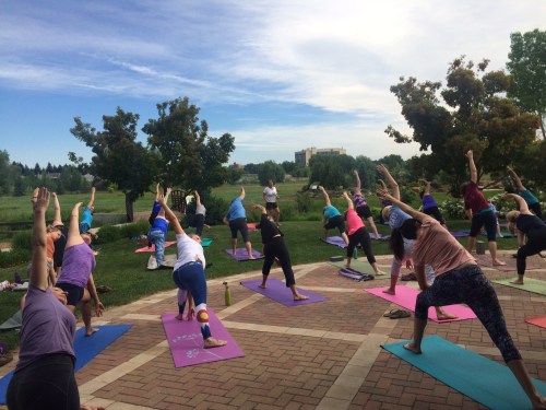 A group of people practicing yoga outdoors on colorful mats, surrounded by greenery and a clear blue sky.