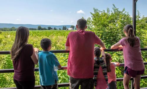 A family stands on a balcony, looking out at a lush green landscape with mountains in the distance.