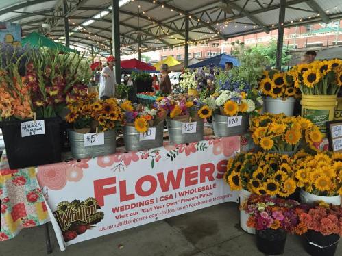 A flower stall at a market featuring colorful bouquets and sunflowers, with prices displayed on a banner.