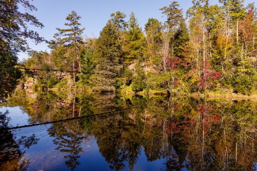 A serene lake surrounded by trees, reflecting autumn colors and a clear blue sky.