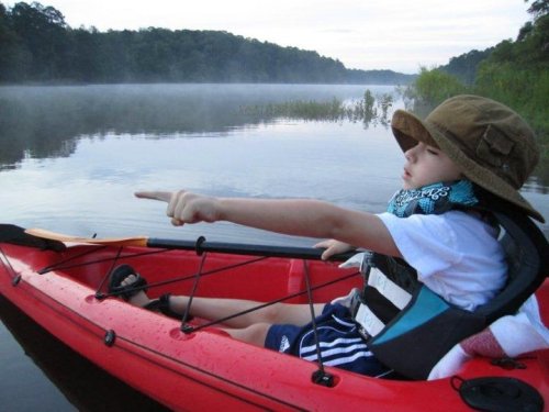 A child in a kayak points towards the water, surrounded by misty trees and calm water at dawn.