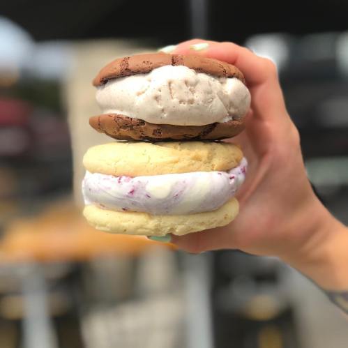 A hand holding two ice cream sandwiches: one with chocolate cookies and the other with vanilla and raspberry filling.