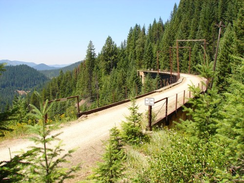 A winding dirt road curves through a forested area, with tall trees and distant mountains visible in the background.