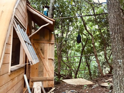 A wooden cabin nestled in a forest, with an open window and a hanging bag nearby, surrounded by trees.