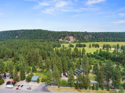 Aerial view of a lush green landscape with trees, fields, and a few buildings along a road.