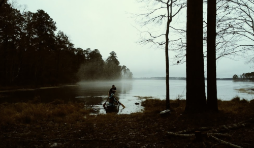 A person in a canoe paddles on a misty lake, surrounded by trees and a tranquil, foggy atmosphere.