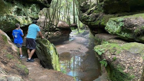 A man and a boy stand by a rocky creek surrounded by lush greenery and towering cliffs in a serene forest setting.