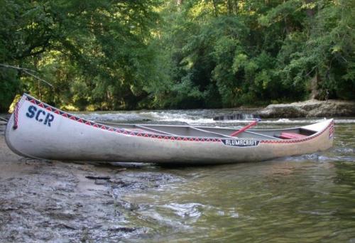 A canoe rests on the shore of a river, surrounded by lush greenery and gentle water currents.