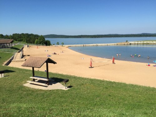 A sandy beach by a calm lake, with people swimming and sunbathing under a clear blue sky. Picnic area visible.