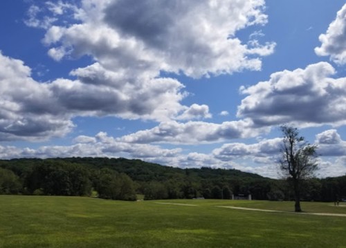 A scenic view of a green field under a blue sky filled with fluffy white clouds and distant hills.
