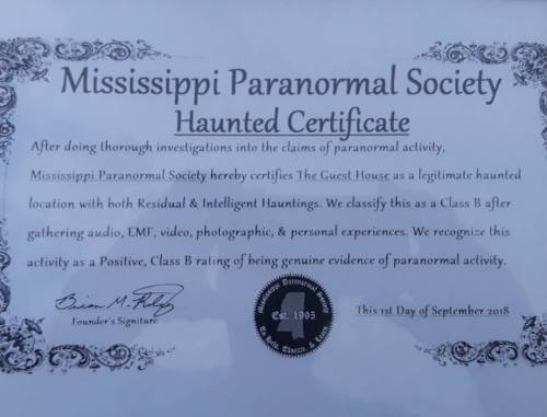 Certificate from the Mississippi Paranormal Society certifying The Guest House as a legitimate haunted location.