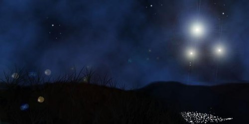 A serene night scene with a dark blue sky, twinkling stars, and a faint glow over a grassy landscape.