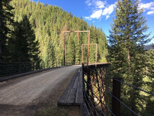 A gravel path leads to a wooden bridge surrounded by tall green trees under a blue sky with scattered clouds.