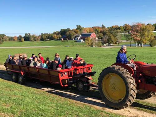 A tractor pulls a wagon filled with people through a scenic, grassy landscape on a sunny autumn day.