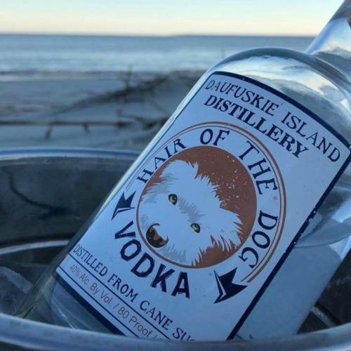 A bottle of Hair of the Dog Vodka from Daufuskie Island Distillery, set against a beach backdrop at sunset.