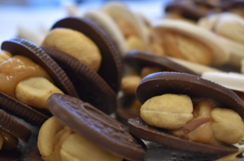 A close-up of chocolate-covered cookies filled with nuts and caramel, arranged in a tempting display.