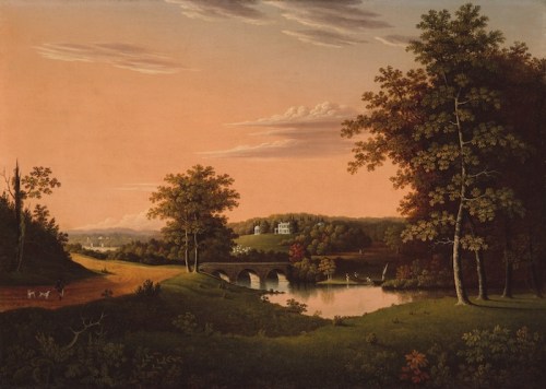 A serene landscape featuring a bridge over a river, trees, a path, and a distant mansion under a colorful sky.