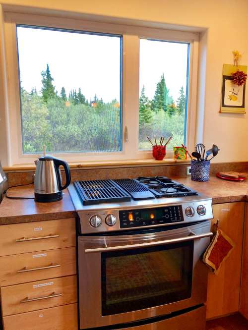 A modern kitchen with a stainless steel stove, kettle, and a view of trees through a large window.