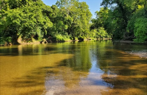A serene river flows through a lush green landscape, reflecting trees and blue sky on its calm surface.