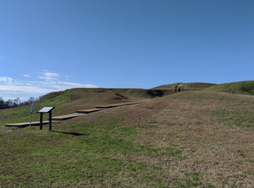 A grassy hill with wooden steps leading up, under a clear blue sky. A sign is visible in the foreground.
