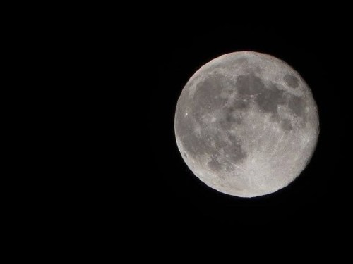 A close-up view of a full moon against a black night sky, showcasing its craters and surface details.