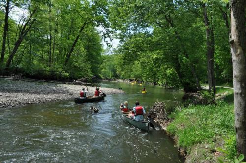 A group of people in canoes paddling down a serene river surrounded by lush green trees.