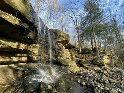A serene waterfall cascades over rocky cliffs, surrounded by trees and a clear blue sky.